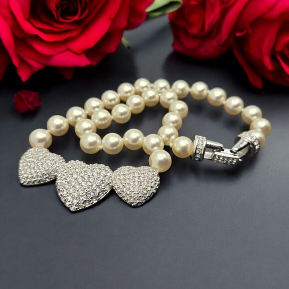 Rare Signed Swarovski Vintage Faux Pearl Necklace with Pave Crystal Heart Triad - Picture 1 of 15